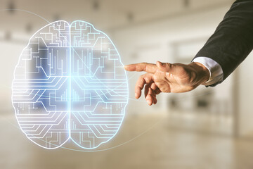Poster - Double exposure of man hand presses on creative artificial Intelligence interface on blurred office background. Neural networks and machine learning concept