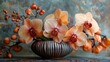   A macro shot of a vase filled with blossoms, situated on a table against a backdrop of a wall, with a painting hanging behind
