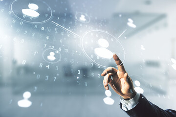 Aufkleber - Man hand clicks on abstract virtual social network hologram on blurred office background. Double exposure