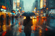 Woman walking in rain, city life, wet, car, cityscape