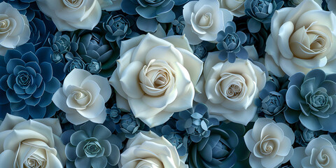   Collection of blue and white roses flowers arrangement for weddings , birthday , anniversary celebration background and wallpaper concept  