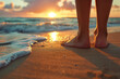 Sunset beach walk, girls feet in sand, low angle, peaceful evening vibe
