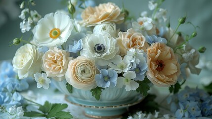 Poster -   A vase brimming with blooms sits atop a bed of blue and white blossoms