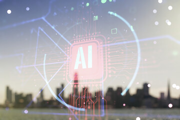 Poster - Double exposure of creative artificial Intelligence abbreviation hologram on blurry office buildings background. Future technology and AI concept