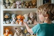 kid arranging stuffed animals on a shelf