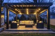 modern pergola with led lights and outdoor sofas