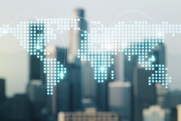 Aufkleber - Abstract virtual world map with connections on blurry skyline background, international trading concept. Multiexposure