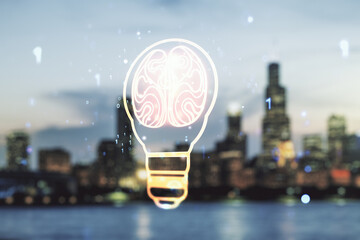 Poster - Abstract virtual light bulb illustration with human brain on blurry skyscrapers background, future technology concept. Multiexposure