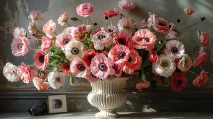 Poster -   A white vase with a pink-white bouquet sits beside a man's portrait on a table