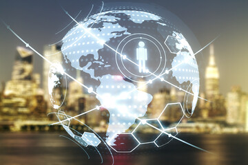 Aufkleber - Virtual social network media hologram and world map on blurry skyscrapers background. Double exposure