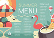 Retro summer restaurant menu design with flamingo, ice cream and pina colada cocktail. Vector illustration