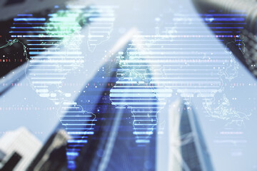 Poster - Abstract creative digital world map on modern architecture background, globalization concept. Multiexposure