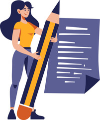 Wall Mural - Woman with huge pencil and written sheet. Flat style illustration. Education, knowledge, studying concept.