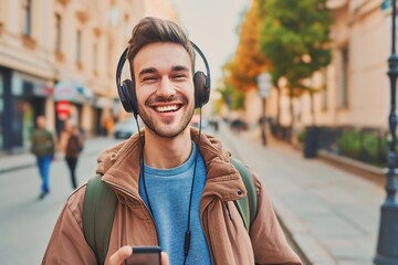 Wall Mural - caucasian man is listening to music on smartphone with headphones outdoors