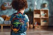 youngster with a backpack featuring dinosaurs preparing for school in their room