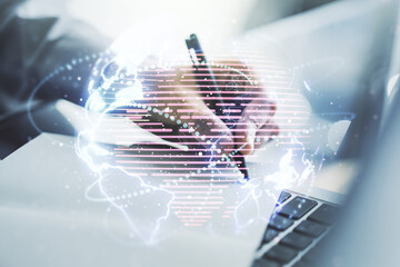Poster - Double exposure of abstract digital world map with connections and hand writing in notepad on background with laptop, big data and blockchain concept