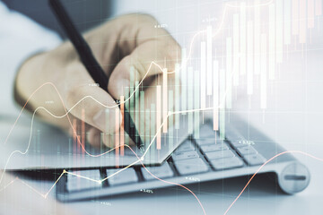 Aufkleber - Multi exposure of abstract creative financial chart with hand writing in diary on background, research and analytics concept