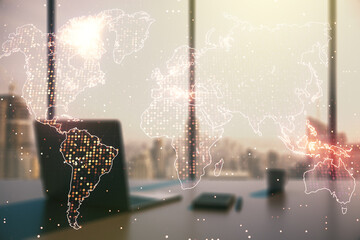 Poster - Multi exposure of abstract creative digital world map and modern desktop with computer on background, tourism and traveling concept