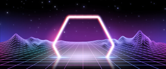 Poster - Cyberpunk background with neon hexagon on wireframe landscape. Vector realistic illustration of y2k style banner, retro wave starry night sky gradient and grid mountains, synthwave light frame design