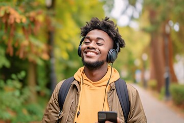 Wall Mural - African man is listening to music on smartphone with headphones outdoors