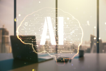 Poster - Double exposure of creative human brain microcircuit and modern desk with computer on background. Future technology and AI concept