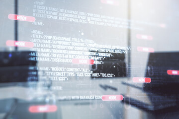 Aufkleber - Abstract creative coding concept and modern desktop with computer on background. Multiexposure