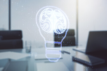 Poster - Creative idea concept with light bulb and human brain illustration and modern desktop with computer on background. Neural networks and machine learning concept. Multiexposure