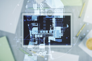 Aufkleber - Double exposure of creative artificial Intelligence symbol and digital tablet on background, top view. Neural networks and machine learning concept