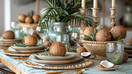 Wall Mural -   A close-up of a table with plates and bowls of food and a potted plant in the center of the table