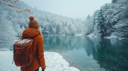 Wall Mural -   A person with a backpack stands in front of a body of water with snow on the ground and trees in the background