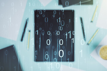 Aufkleber - Creative concept of binary code illustration and modern digital tablet on background, top view. Big data and coding concept. Multiexposure