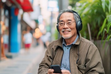 Wall Mural - Asian old man is listening to music on smartphone with headphones outdoors