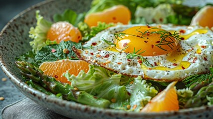 Wall Mural -   A macro shot of a dish featuring an egg atop a bed of lettuce and oranges