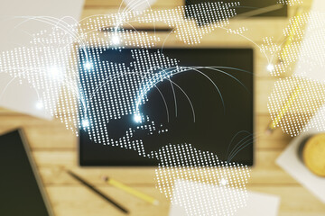 Poster - Double exposure of abstract digital world map with connections and digital tablet on background, top view, research and strategy concept