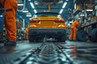 Yellow Car in Factory Being Worked on by Mechanics. Generative AI