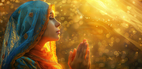Wall Mural - A beautiful young woman in prayer, with her hands clasped together and eyes closed against the backdrop of sunset light