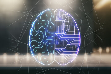 Poster - Double exposure of creative human brain microcircuit hologram on contemporary business center exterior background. Future technology and AI concept