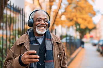 Wall Mural - African old man is listening to music on smartphone with headphones outdoors