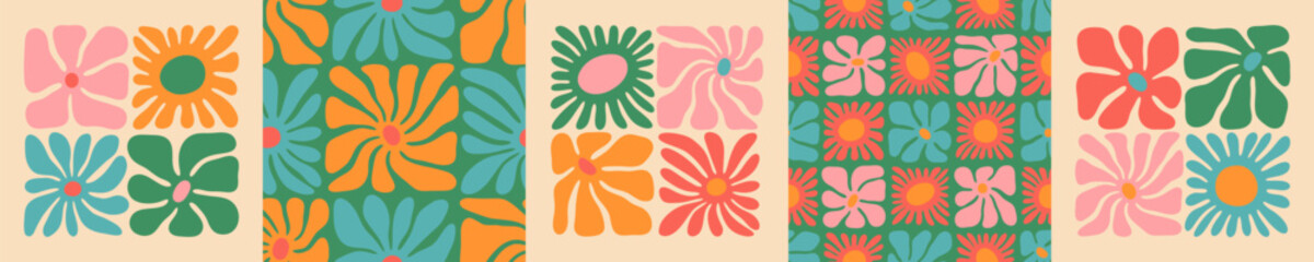 Retro floral seamless pattern illustration set. Vintage style hippie flower background design collection. Geometric checkered wallpaper print, spring season nature backdrop texture with daisy flowers.