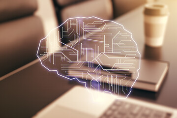 Poster - Creative artificial Intelligence concept with human brain sketch on modern computer background. Double exposure