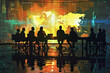 Silhouettes of business executives gathered around a backlit conference table, their forms outlined by the glow of a digital world map.