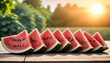 watermelon slice, wooden rustic background, summer background, slice on stick, concept of summer time, vacations 