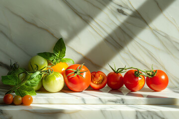 Ripe tomatoes with basil leaves on a marble countertop. Natural light composition with copy space. Fresh produce and healthy eating concept for design and print, generative ai