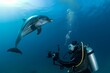 dolphin leaping near a diver underwater with camera equipment