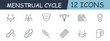 Menstrual cycle set line icon. Uterus, ovaries, toilet paper, pad, tampon, underwear, calendar. 12 line icon. Vector line icon for business and advertising