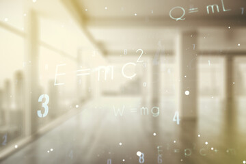 Poster - Double exposure of scientific formula hologram on empty modern office background, research and development concept