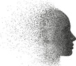 Vector particle face silhouette. Female profile illustration disintegrating into stipple particle effect. Girl's face in cyberspace, disintegrating into humanoid silhouette.