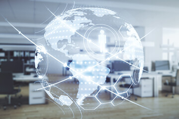 Poster - Virtual social network media hologram and world map on a modern furnished classroom background. Double exposure