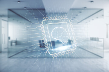 Poster - Virtual creative artificial Intelligence hologram with human brain sketch on a modern furnished office background. Multiexposure
