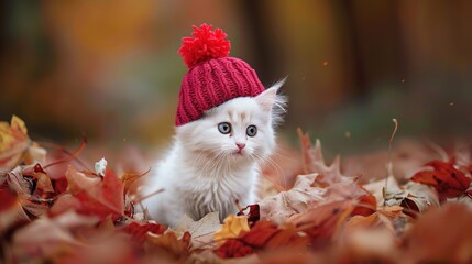 Wall Mural - A little white kitty in a red knitted hat with a pompom, vibrant colors reminiscent of a children's book, sitting on a pile of autumn leaves